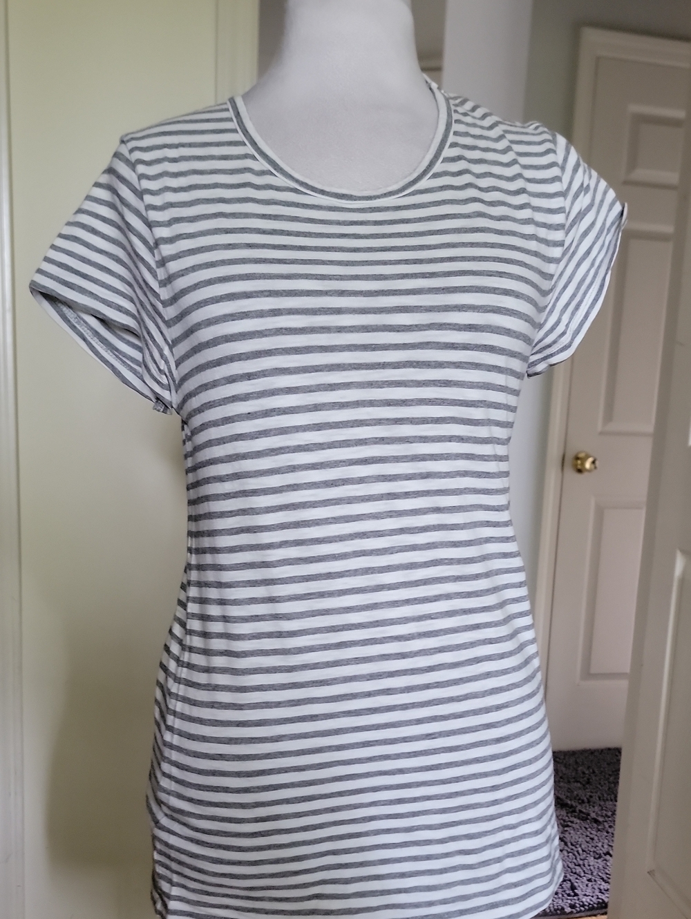 J. Crew Gray and White Striped Short Sleeve Crewneck Tee